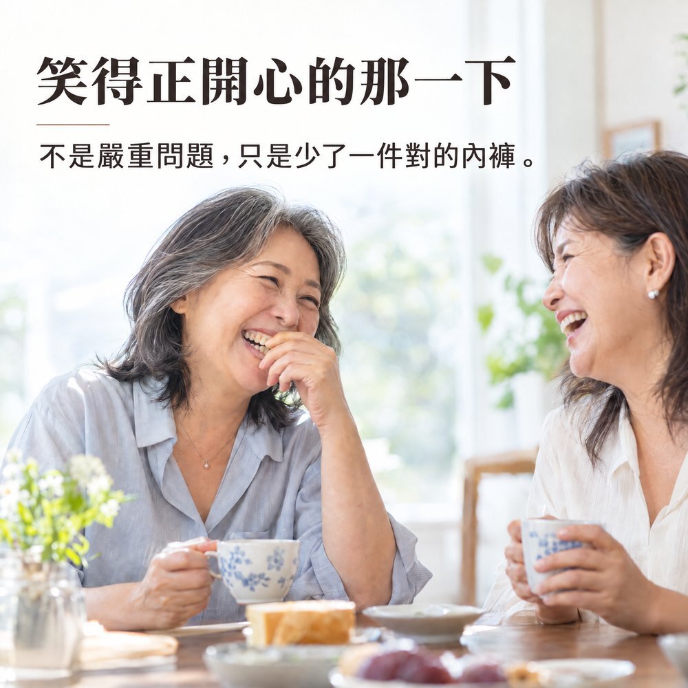 笑得正開心的那一下 兩位熟齡女性在餐桌邊喝茶大笑,大笑或打噴嚏時偶爾漏幾滴不是嚴重問題,只是少了一件對的內褲,IOHS 十分幸福 50cc 女用防漏尿內褲。