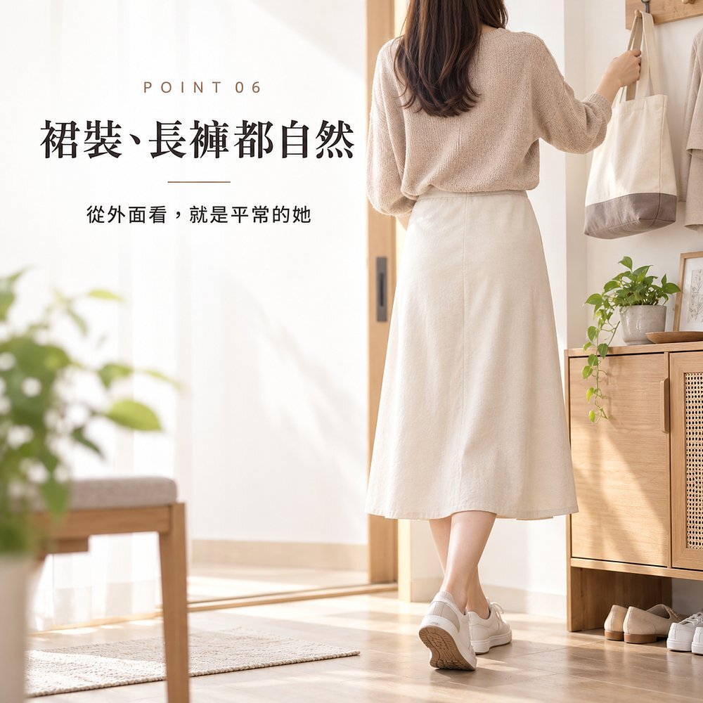 裙裝、長褲都自然 熟齡女性穿長裙在玄關準備出門,穿著 50cc 防漏尿內褲從外面看不出來,就是平常的她。