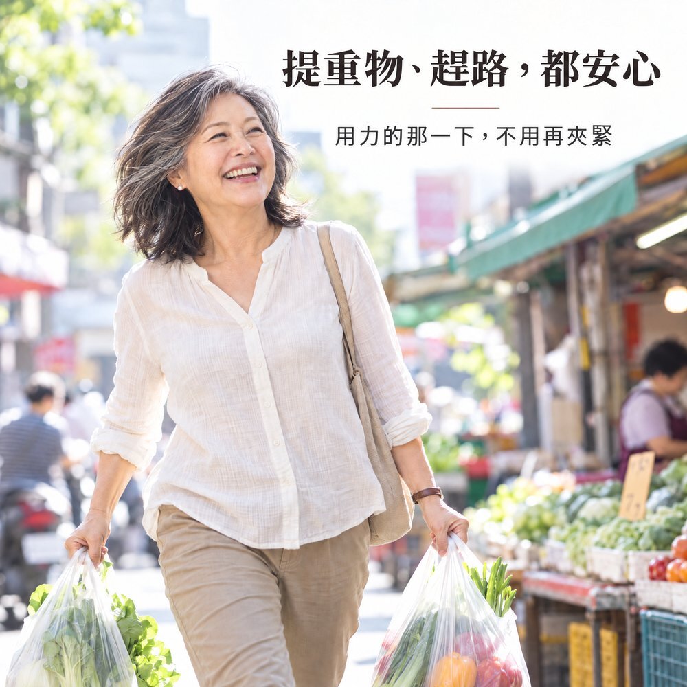提重物、趕路,都安心 熟齡女性提著兩袋菜在市場走路,穿 50cc 防漏尿內褲,用力的那一下不用再夾緊,提重物、趕路都安心。
