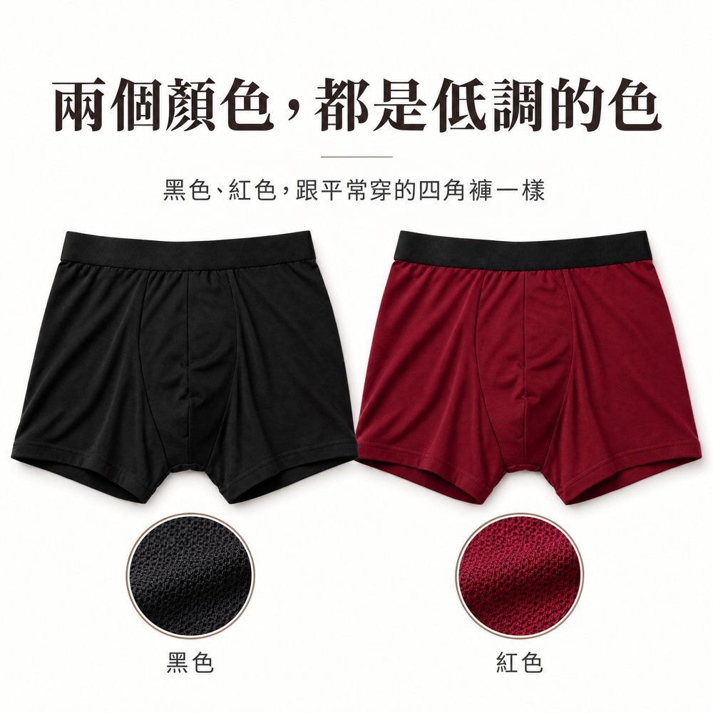 兩個顏色,都是低調的色 50cc 男用防漏尿內褲兩種顏色:黑色、紅色,跟平常穿的四角褲一樣,附布料特寫。