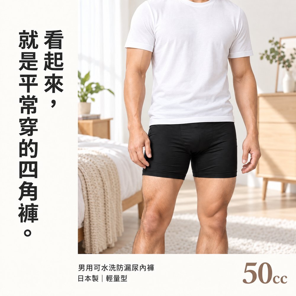 看起來,就是平常穿的四角褲 男性模特兒穿白色 T 恤與黑色 50cc 男用可水洗防漏尿內褲站在臥室,外觀就是平常穿的四角褲。日本製輕量型,吸水量約 50cc。