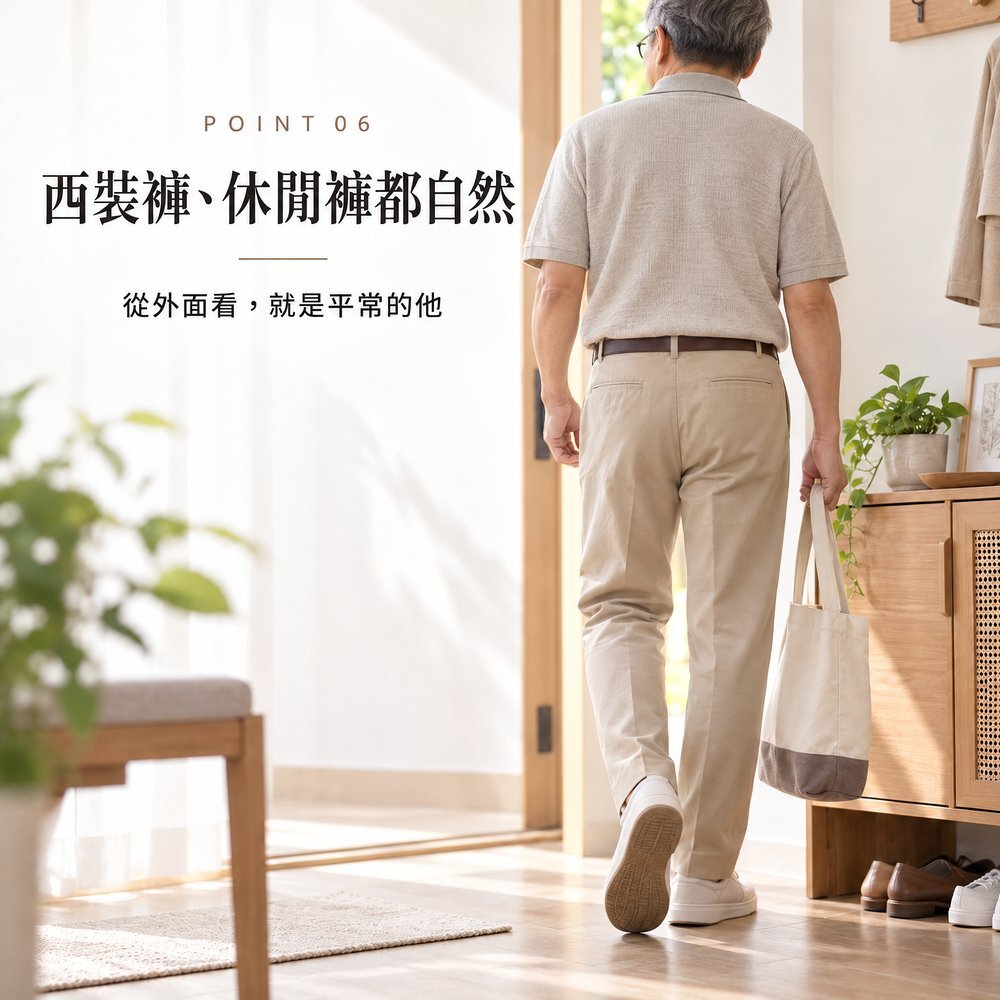 西裝褲、休閒褲都自然 熟齡男性穿休閒褲在玄關提袋出門的背影,穿著 50cc 防漏尿內褲從外面看不出來,就是平常的他。