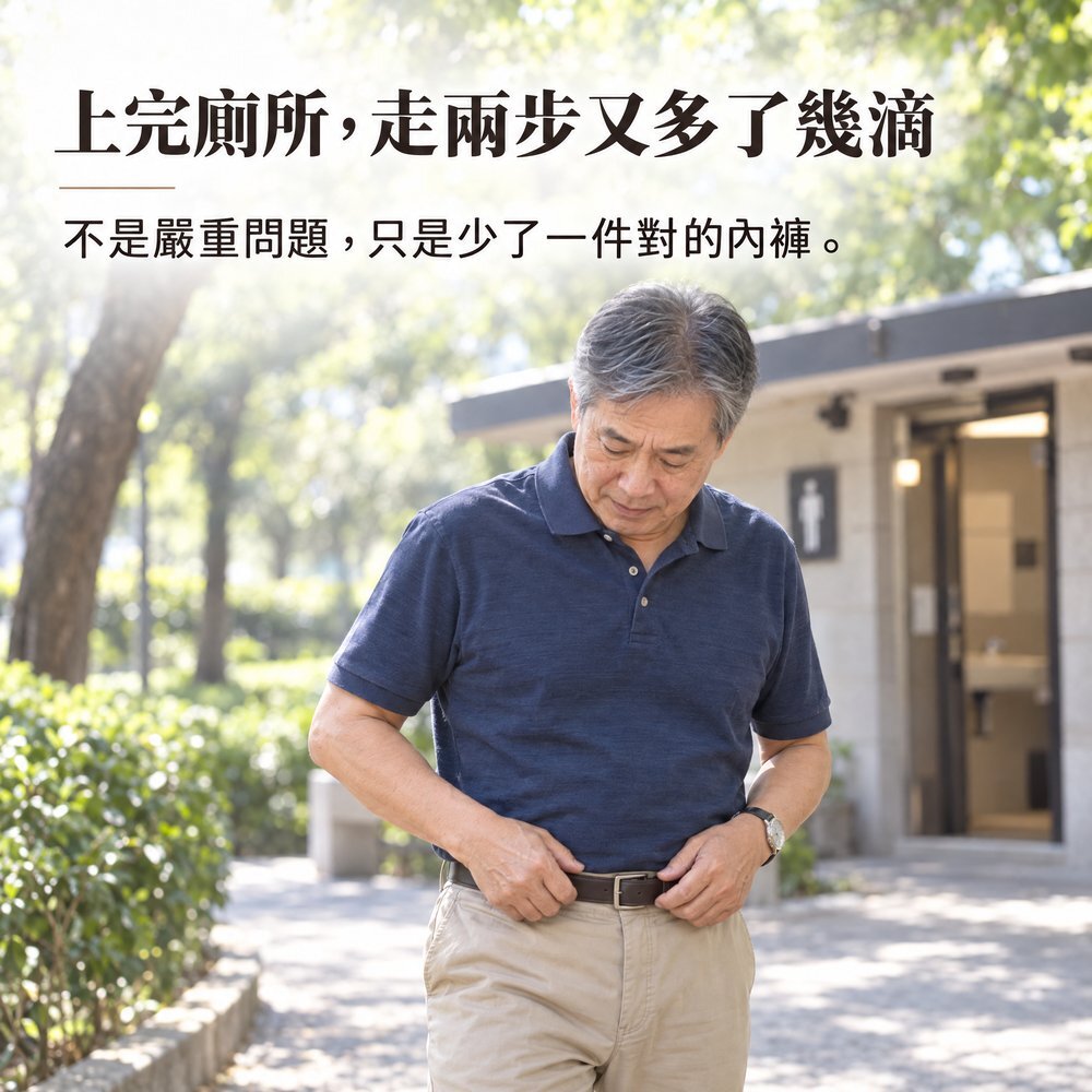 上完廁所,走兩步又多了幾滴 熟齡男性走出公園廁所低頭整理褲子,尿不乾淨、上完廁所走兩步又滴幾滴不是嚴重問題,只是少了一件對的內褲:IOHS 十分幸福 50cc 男用防漏尿內褲。
