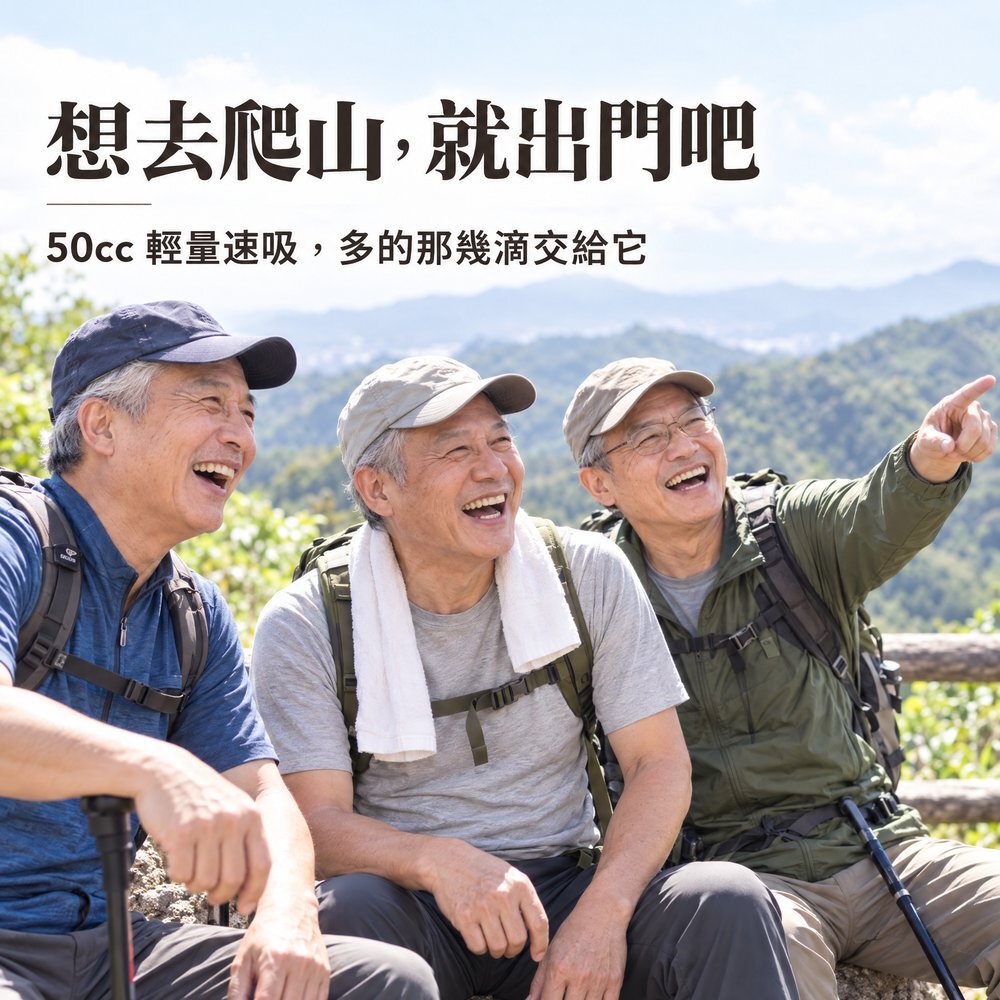 想去爬山,就出門吧 三位熟齡男性登山休息時開懷大笑,50cc 輕量速吸防漏尿內褲,多的那幾滴交給它,運動出遊都安心。