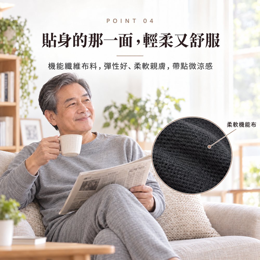 貼身的那一面,輕柔又舒服 熟齡男性坐在沙發上看報紙喝茶,50cc 男用防漏尿內褲用機能纖維布料,彈性好、柔軟親膚、帶點微涼感。