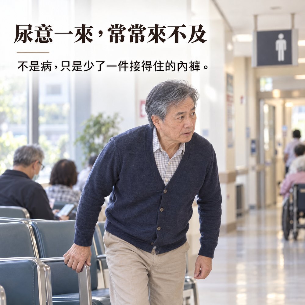 熟齡男性在醫院候診區起身急著找廁所，尿意一來常常來不及不是病，只是少了一件接得住的內褲：IOHS 十分幸福 160cc 男用防漏尿內褲。