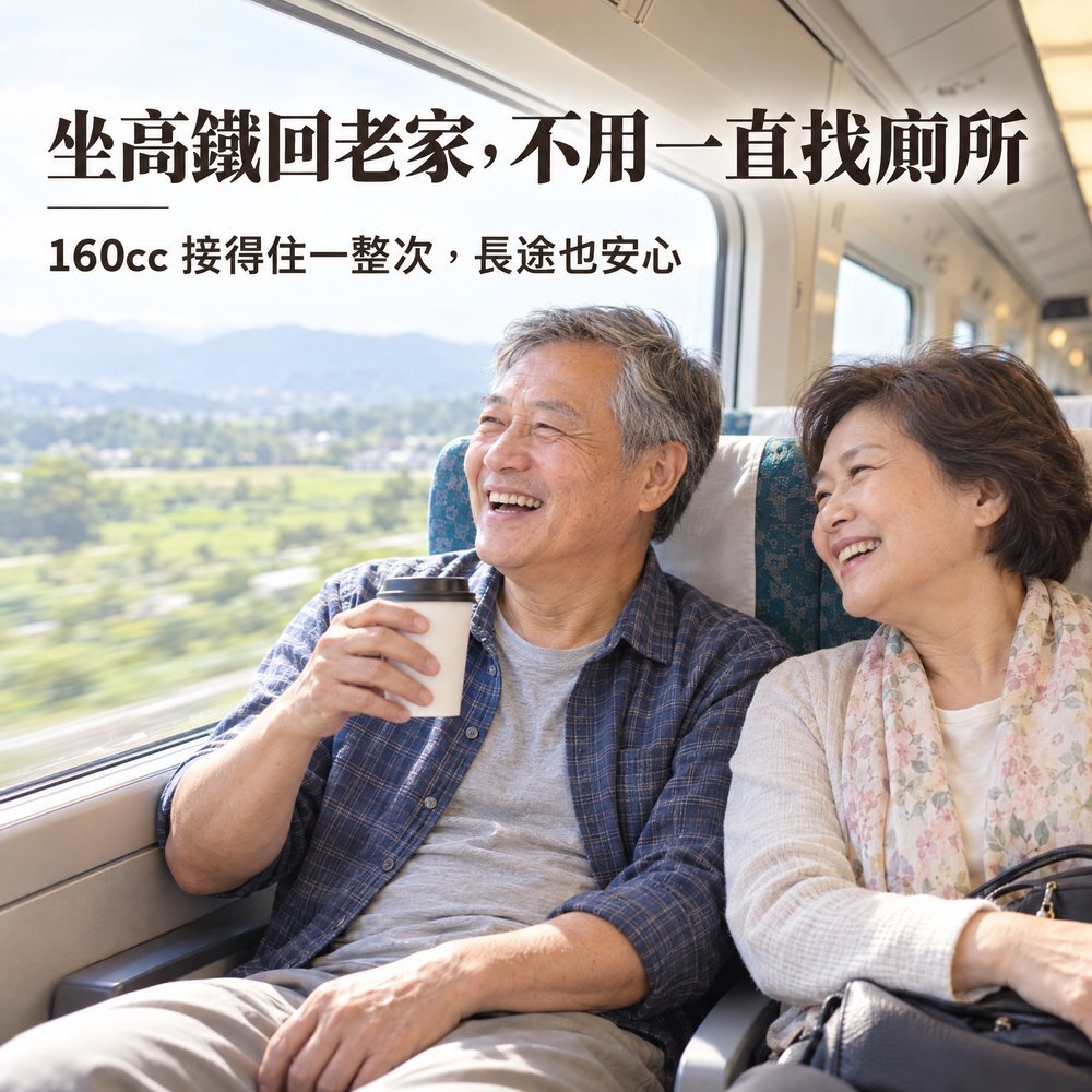 熟齡夫妻搭高鐵喝咖啡開心聊天，160cc 防漏尿內褲接得住一整次，長途車程也安心。