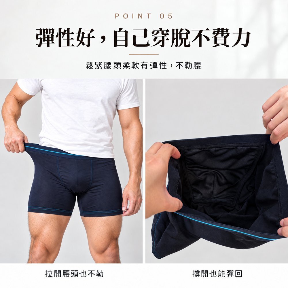 男性拉開深藍色防漏尿四角褲腰頭示範彈性，鬆緊腰頭柔軟不勒腰；右圖為內褲撐開也能彈回。