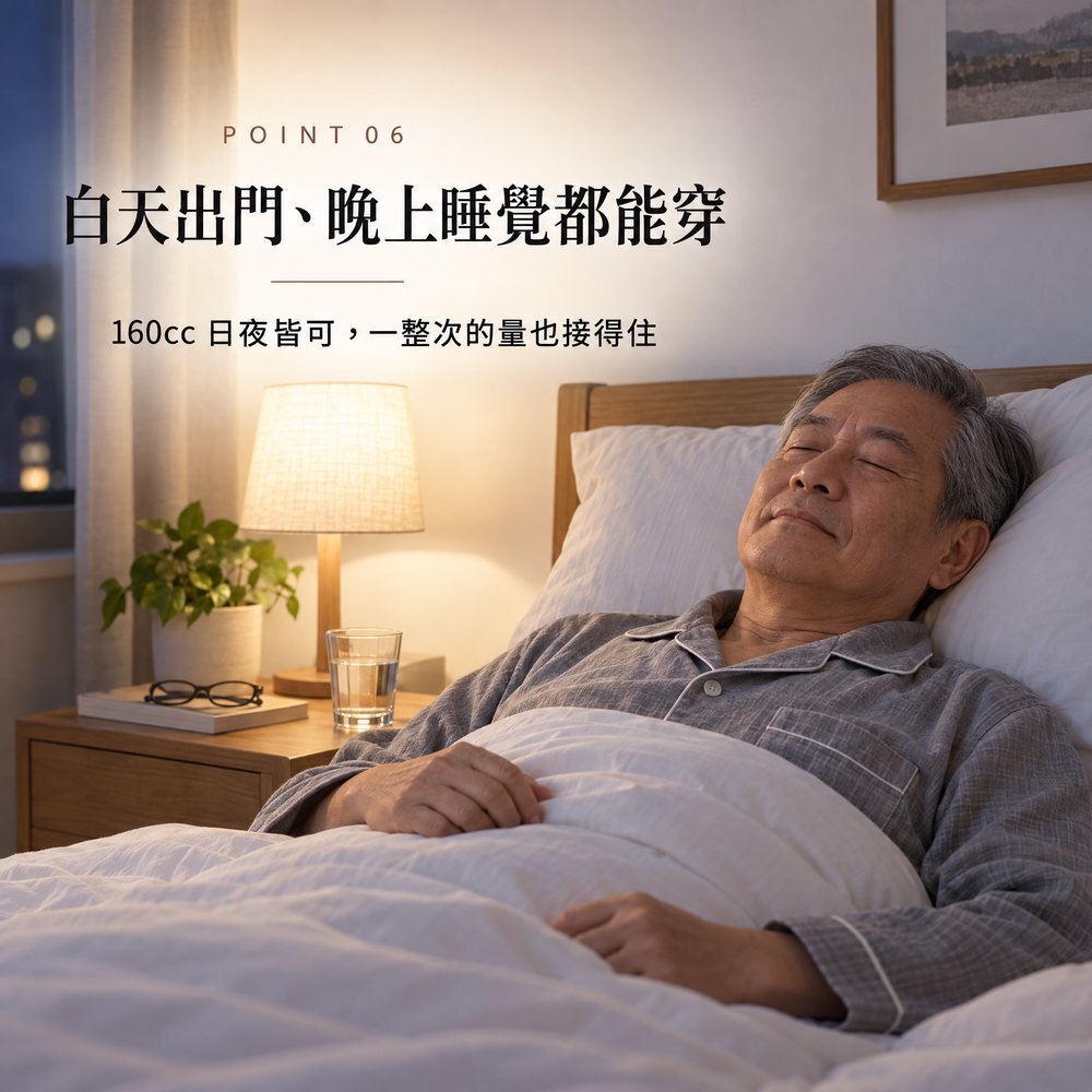 熟齡男性在夜晚床上安穩入睡，160cc 防漏尿內褲日夜皆可，一整次的量也接得住。