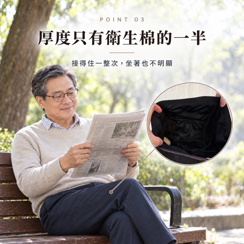 熟齡男性坐在公園長椅看報紙，160cc 防漏尿內褲厚度只有衛生棉的一半，接得住一整次，坐著也不明顯。