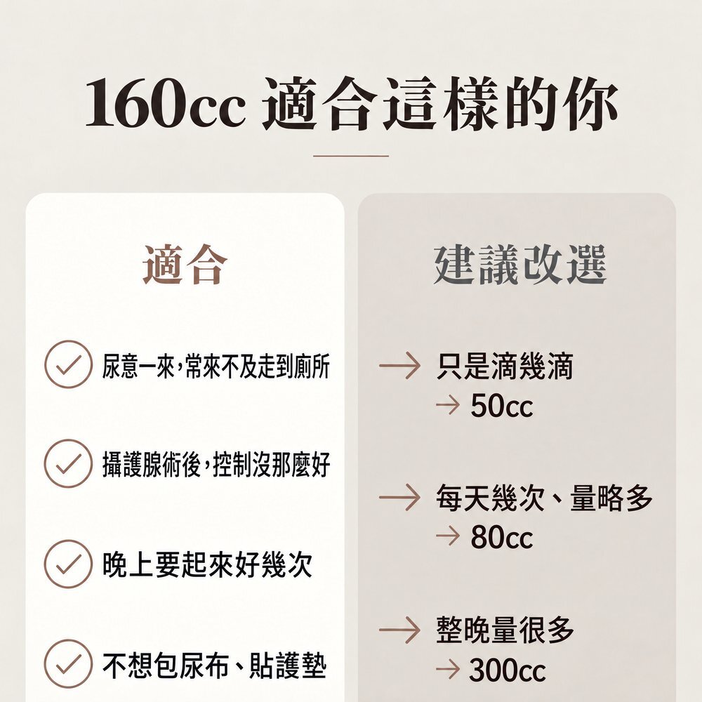 160cc 男用防漏尿內褲適合：尿意一來常來不及走到廁所、攝護腺術後控制沒那麼好、晚上要起來好幾次、不想包尿布或貼護墊；只是滴幾滴可改選 50cc，每天幾次量略多選 80cc，整晚量很多選 300cc。