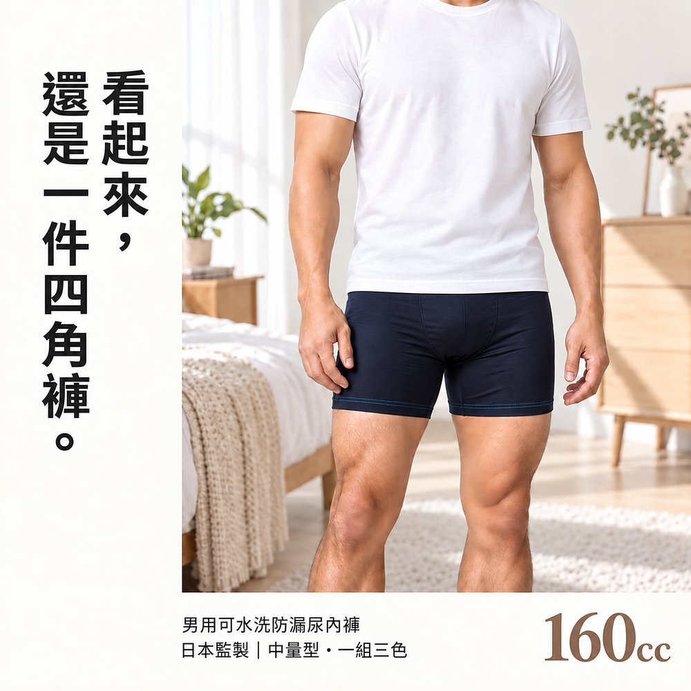 男性模特兒穿白色 T 恤與深藍色 160cc 男用可水洗防漏尿內褲站在臥室，外觀還是一件四角褲。日本監製中量型，一組三色。