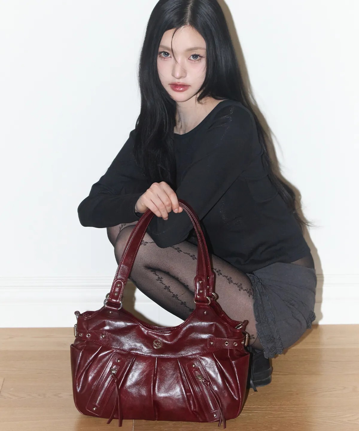 韓國 ILLIGO Amber Bag 摺痕 皮革 單肩包 肩背包 酒紅