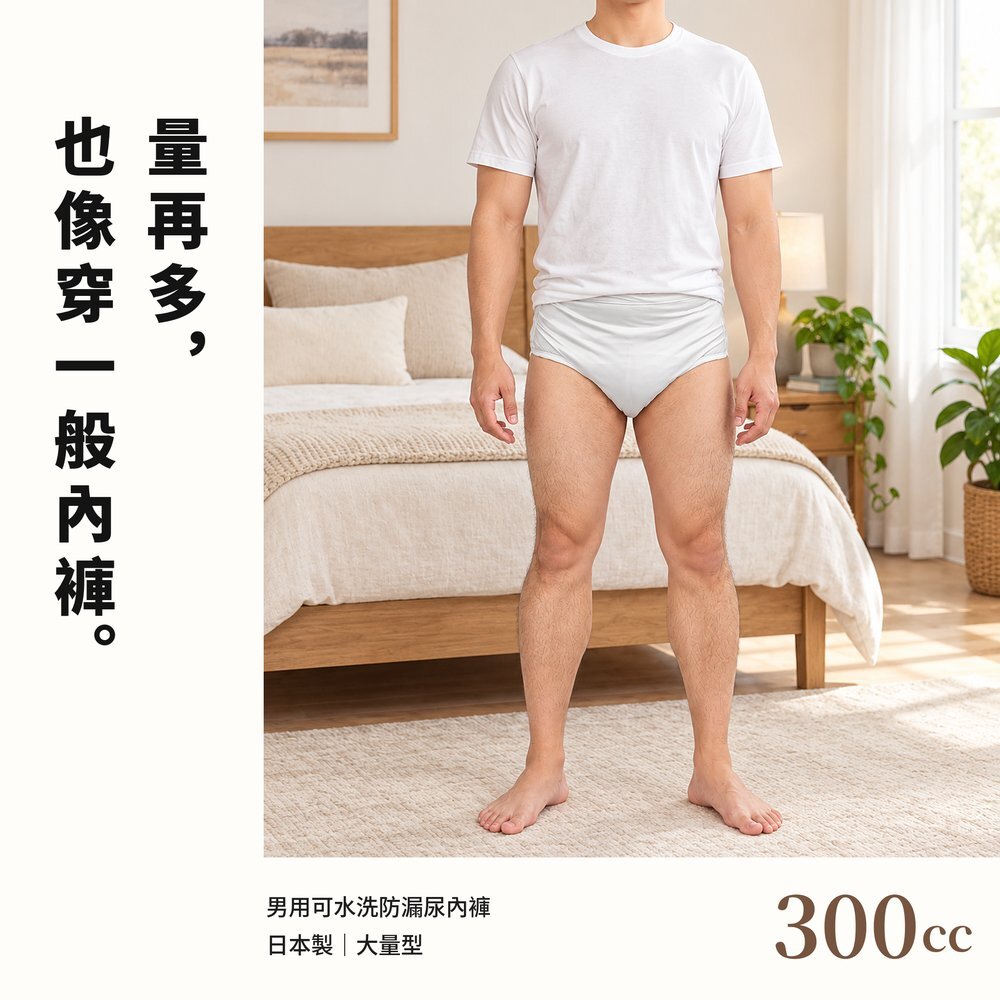 量再多,也像穿一般內褲 男性模特兒穿白色 T 恤與灰色 300cc 男用可水洗防漏尿內褲站在臥室,外觀就像一般三角內褲。日本製大量型,吸水量約 300cc。