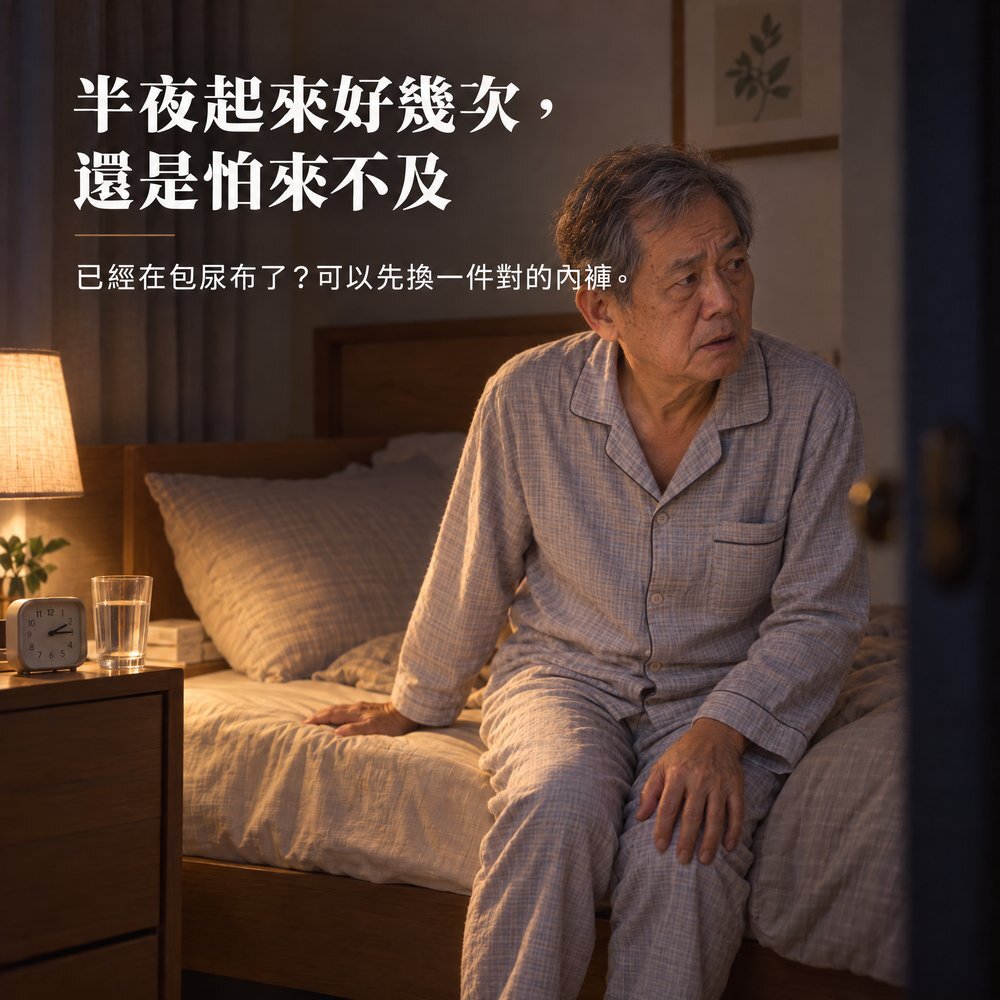 半夜起來好幾次,還是怕來不及 熟齡男性穿睡衣半夜坐在床邊,夜裡要起來好幾次還是怕來不及;已經在包尿布了,可以先換一件對的內褲:IOHS 十分幸福 300cc 男用防漏尿內褲。