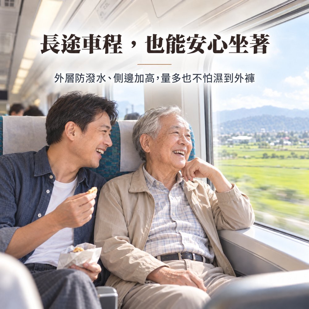 長途車程,也能安心坐著 兒子與年長父親搭火車旅行開心聊天,300cc 防漏尿內褲外層防潑水、側邊加高,量多也不怕濕到外褲。