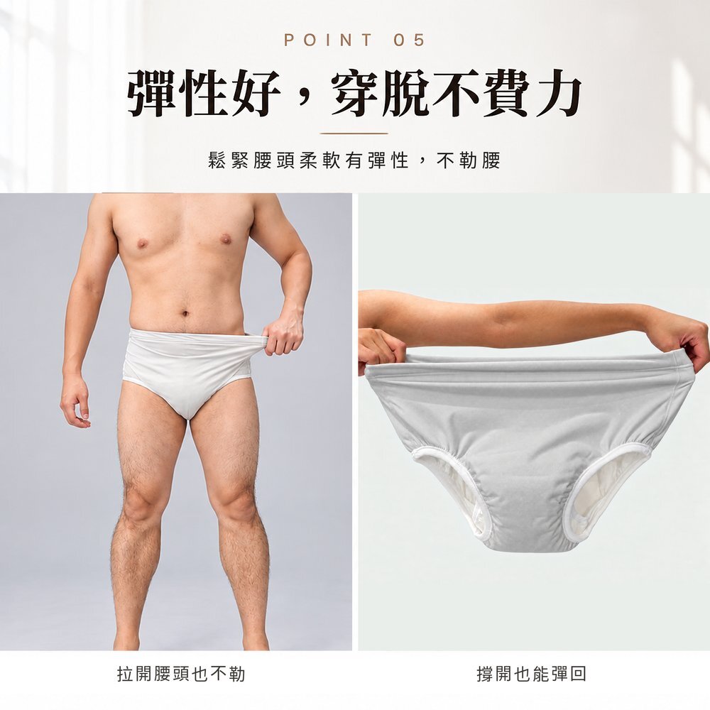 彈性好,穿脫不費力 男性拉開灰色防漏尿三角褲腰頭示範彈性,鬆緊腰頭柔軟不勒腰;右圖為內褲撐開也能彈回,長輩自己穿脫也輕鬆。