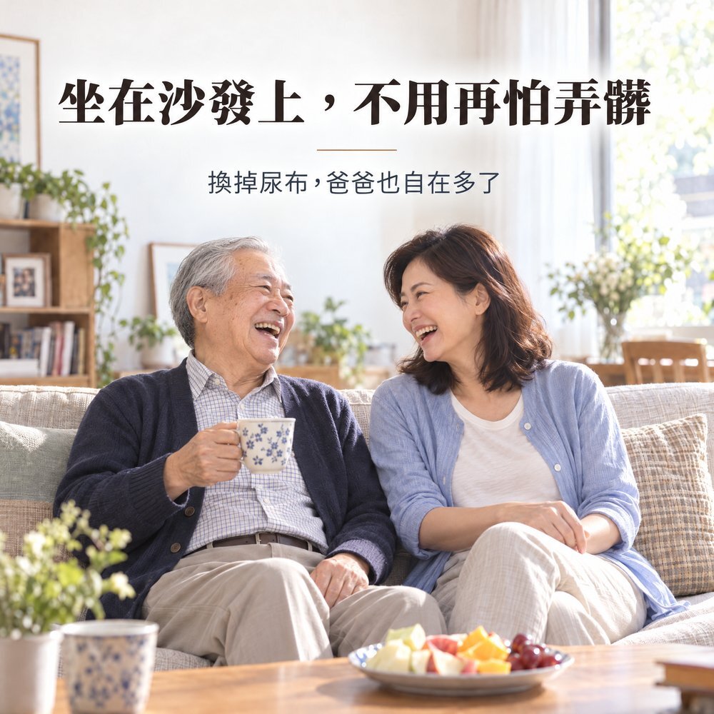 坐在沙發上,不用再怕弄髒 年長父親與女兒在客廳沙發上喝茶大笑,換掉尿布改穿 300cc 防漏尿內褲,爸爸也自在多了。