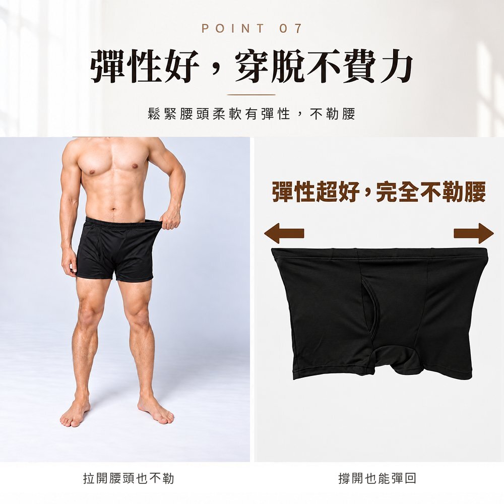 男性模特兒拉開防漏尿四角褲鬆緊腰頭示範彈性；右圖為內褲向左右撐開，彈性超好、完全不勒腰，長輩自己穿脫也輕鬆。