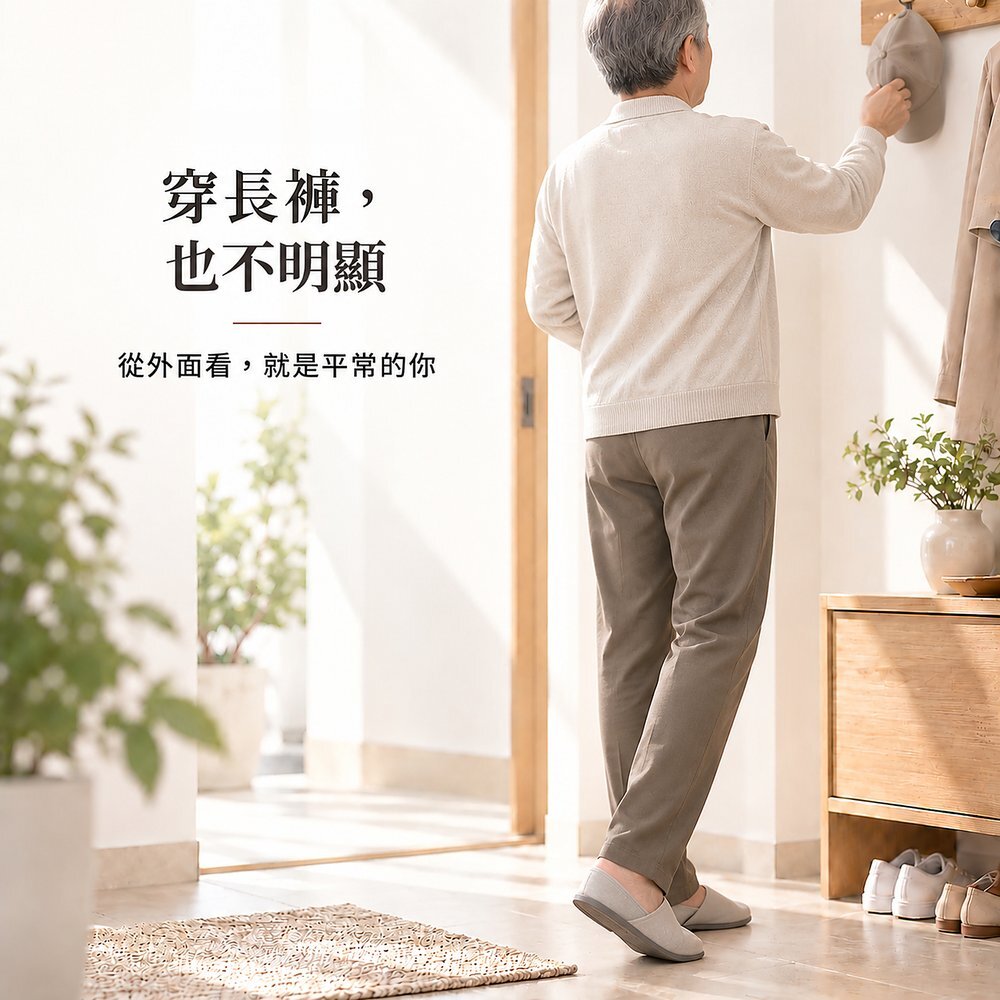 男性長輩穿休閒長褲在玄關準備出門的背影，穿著 300cc 防漏尿四角褲從外面看不出來，就是平常的樣子。