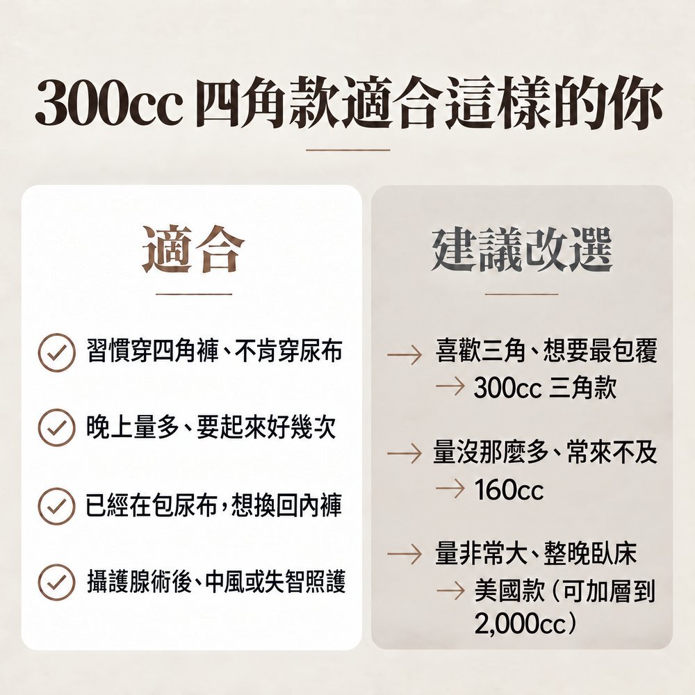 300cc 男用防漏尿四角褲適合對象：習慣穿四角褲不肯穿尿布、晚上量多要起來好幾次、已在包尿布想換回內褲、攝護腺術後或中風失智照護；量較少可改選 160cc，喜歡三角可選 300cc 三角款，量非常大可選美國款。
