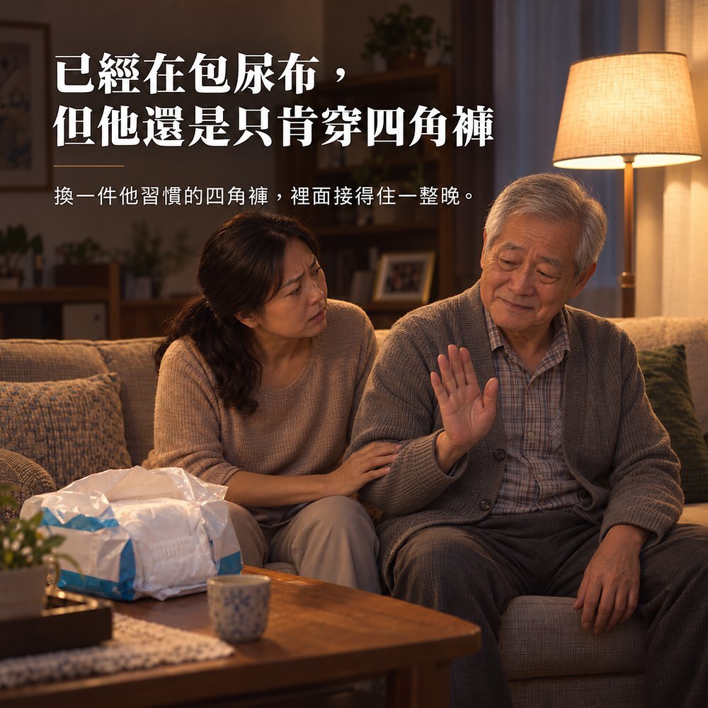 台灣男性長輩坐在客廳沙發上，委婉揮手拒絕女兒拿來的成人紙尿褲。很多長輩不願意包尿布，習慣穿四角褲，IOHS 十分幸福 300cc 男用防漏尿四角褲讓他穿回熟悉的四角褲，夜裡也接得住。