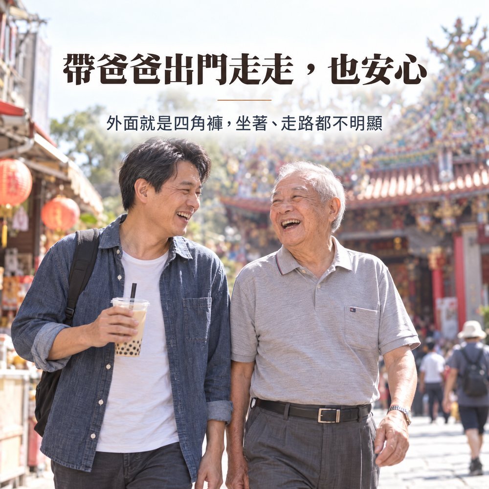 兒子陪年長父親在廟口老街散步聊天，父親穿 300cc 防漏尿四角褲外出，坐著、走路都不明顯，長時間外出也安心。