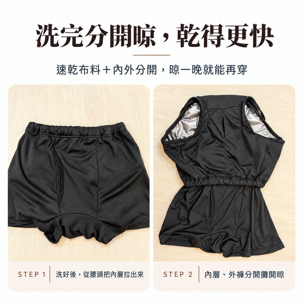 防漏尿四角褲洗滌晾乾方式：洗好後從腰頭把內層拉出來，內層與外褲分開攤開晾，速乾布料晾一晚就能再穿。