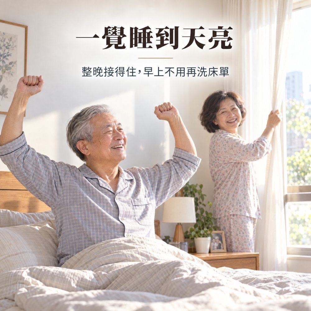 男性長輩早晨在床上伸懶腰、太太拉開窗簾，穿防漏尿內褲整晚接得住，不必半夜起來換尿布，早上也不用洗床單。