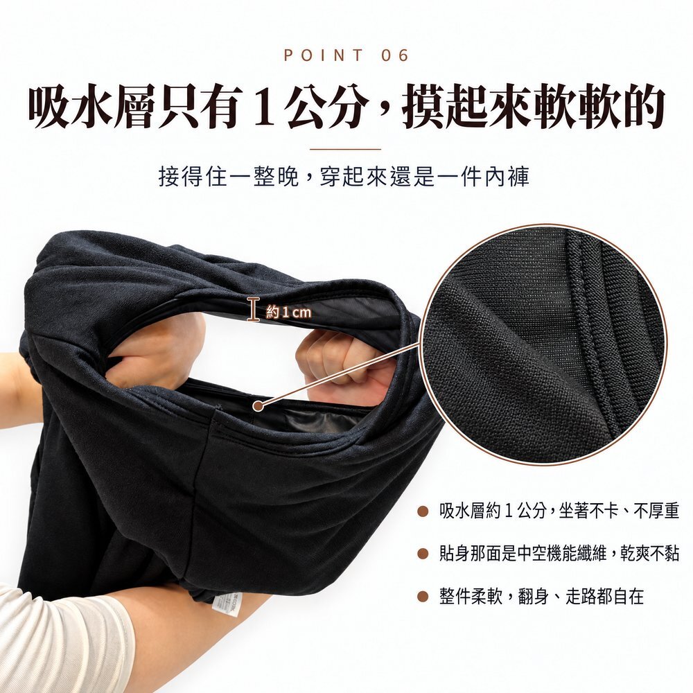 雙手撐開黑色男用防漏尿四角褲，吸水層厚度約 1 公分，貼身層為中空機能纖維，柔軟乾爽，接得住一整晚又不厚重。