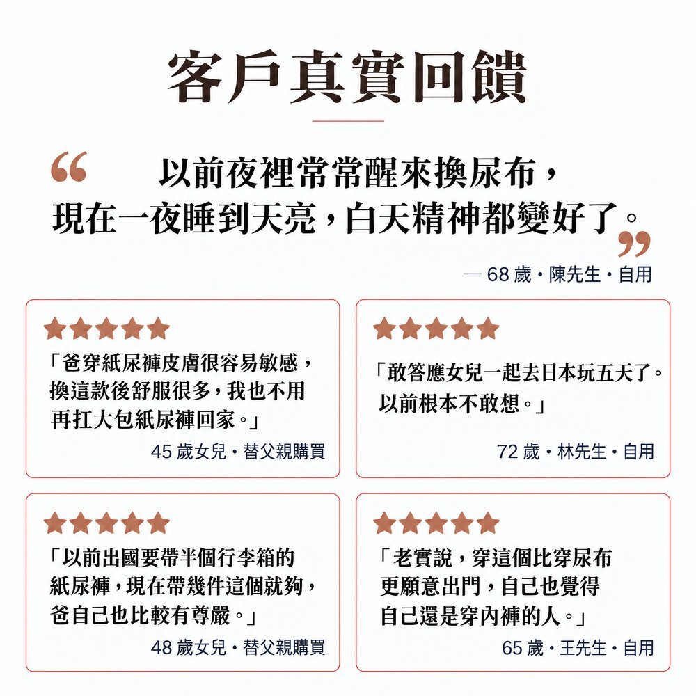 IOHS 十分幸福男用防漏尿四角褲客戶回饋：長輩一夜睡到天亮、皮膚不再悶熱敏感、敢出國旅行、比穿尿布更願意出門。