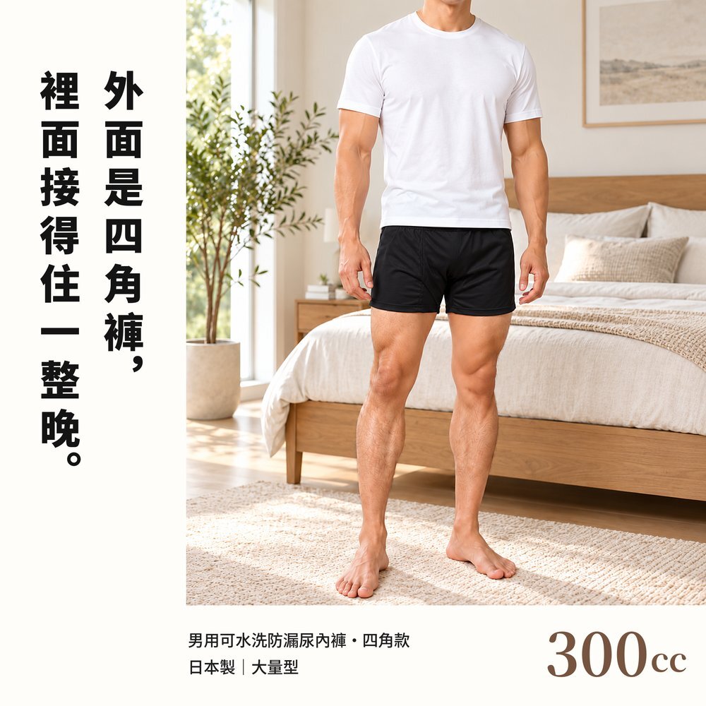 男性模特兒穿白色 T 恤與黑色 300cc 男用可水洗防漏尿內褲四角款站在臥室，外觀就是一般四角褲。日本製大量型，吸水量約 300cc，適合夜間使用。