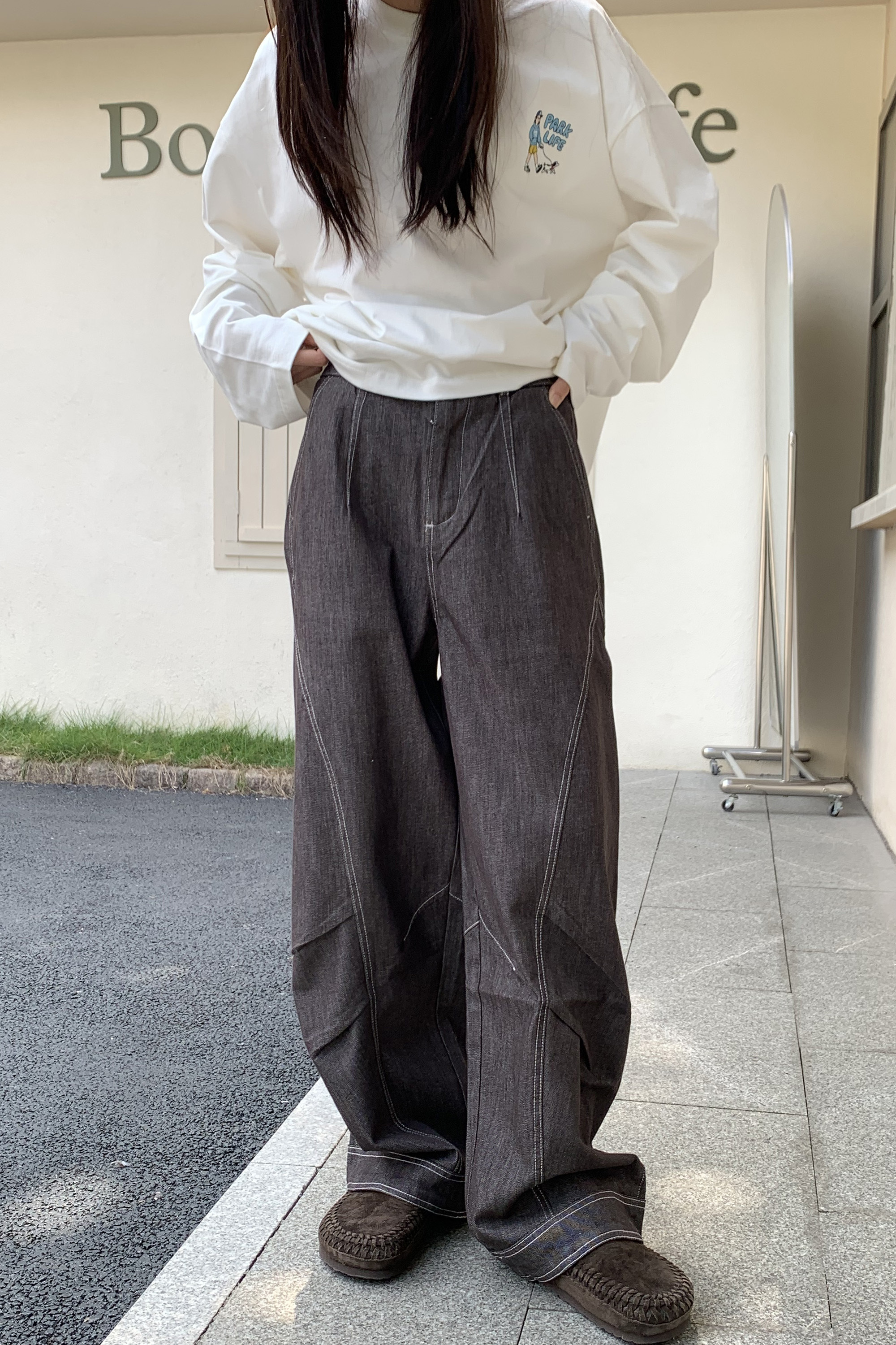 Oct｜牛仔布明線打褶長褲 2色