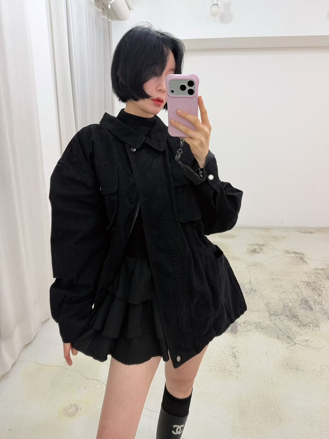 翻領縮腰口袋單寧夾克