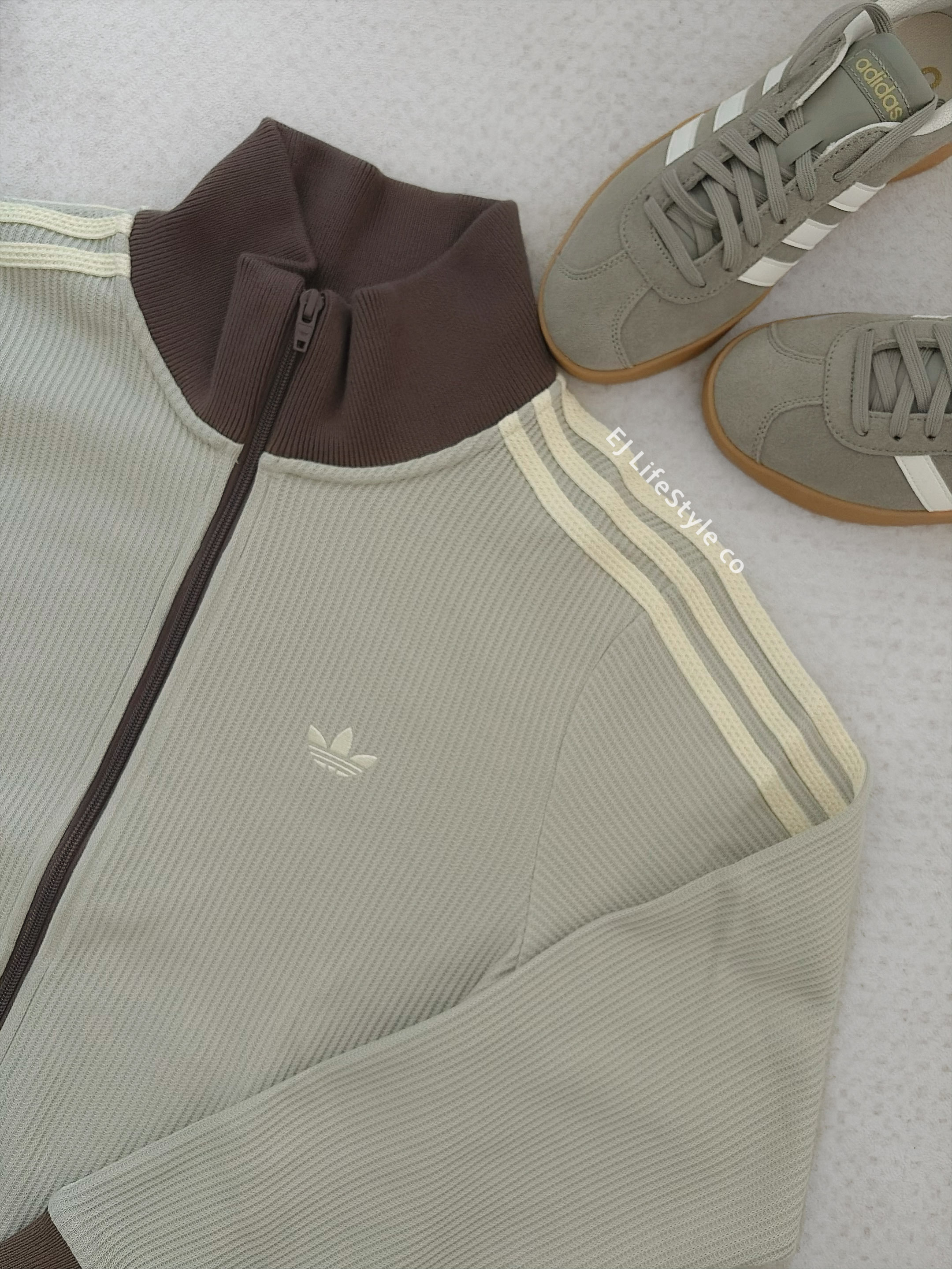 ADIDAS ORIGINALS 華夫格 立領外套 雙拉鍊 三葉草 摩卡灰綠 男款 LD6434 / 現貨