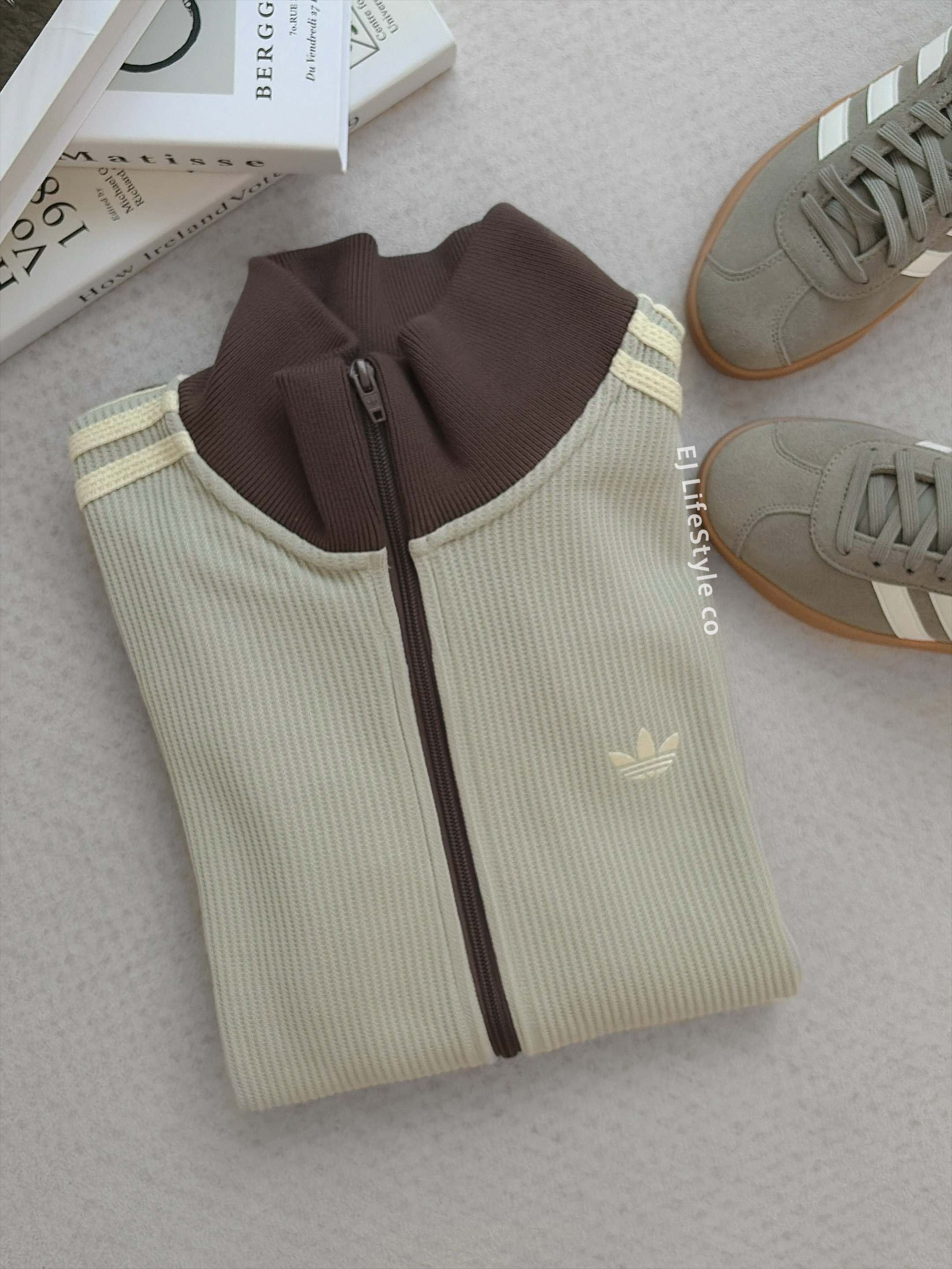 ADIDAS ORIGINALS 華夫格 立領外套 雙拉鍊 三葉草 摩卡灰綠 男款 LD6434 / 現貨