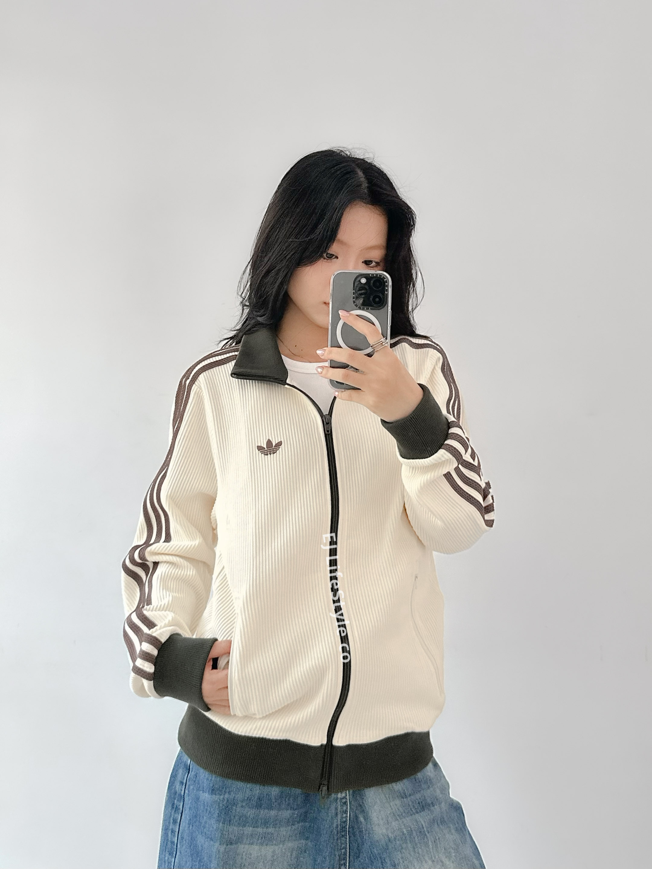 ADIDAS ORIGINALS 華夫格 立領外套 雙拉鍊 三葉草 抹茶奶油 男款 LD6433 / 現貨