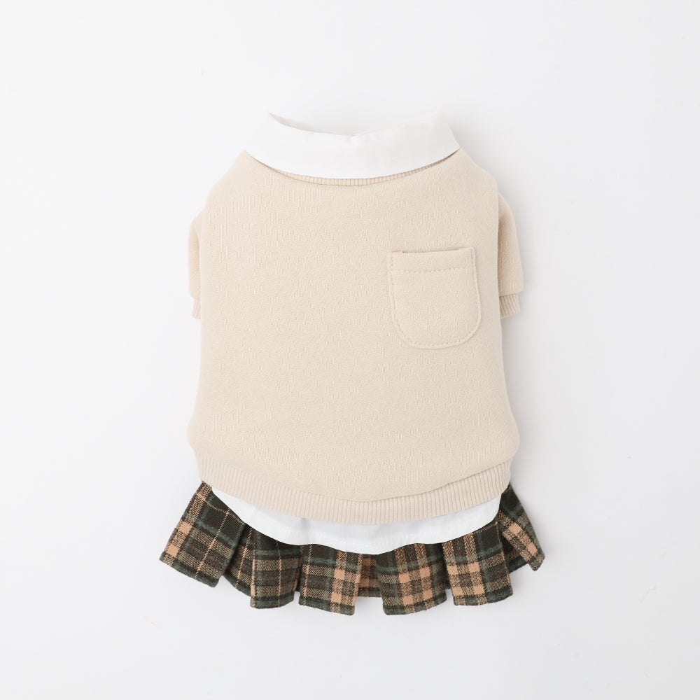 【Moncheri】Pleated Check Skirt Docking Dress