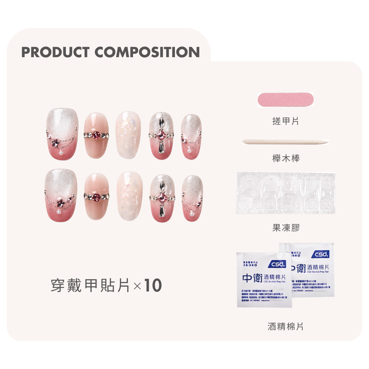 蜜桃天使穿戴甲內容物：十片甲片、搓甲片、櫸木棒、果凍膠與酒精棉片