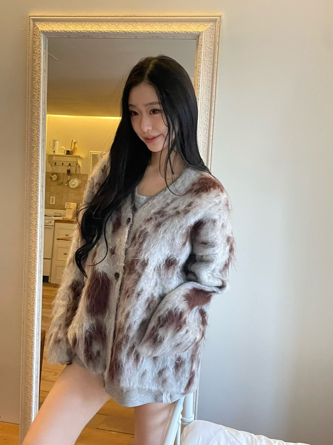 豹紋長毛針織外套