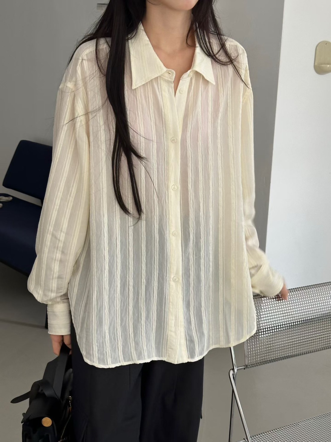 直紋路長版襯衫