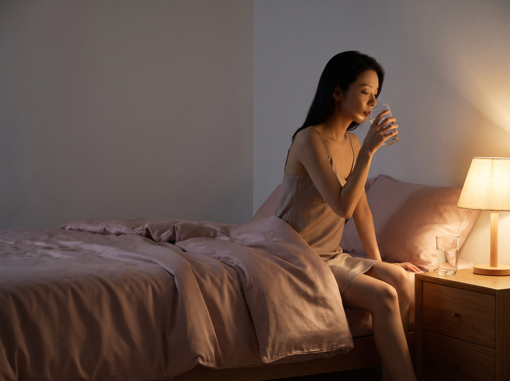 女性坐床邊喝水_粉色寢具_暖床頭燈夜晚