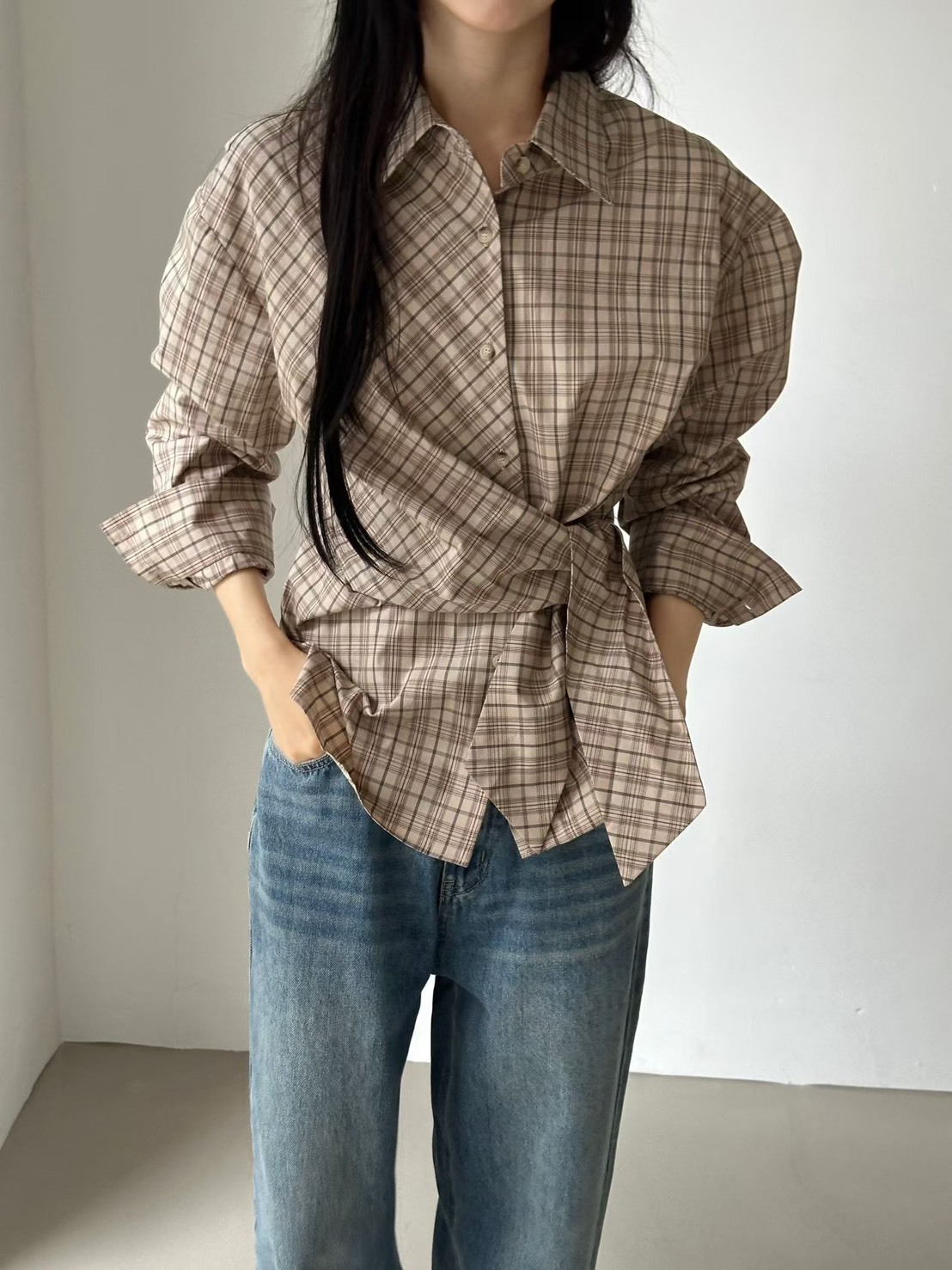 綁腰格子襯衫