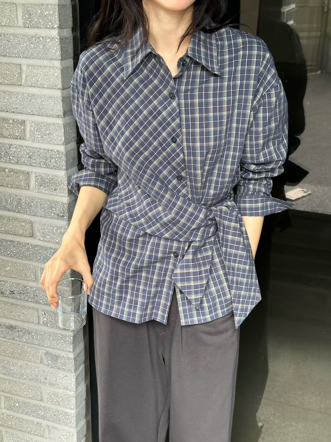 綁腰格子襯衫