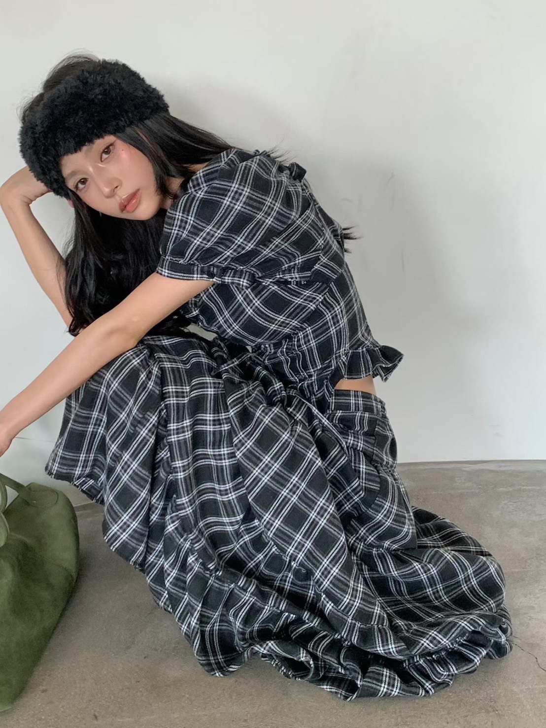 格子公主收腰上衣  長裙(分售)