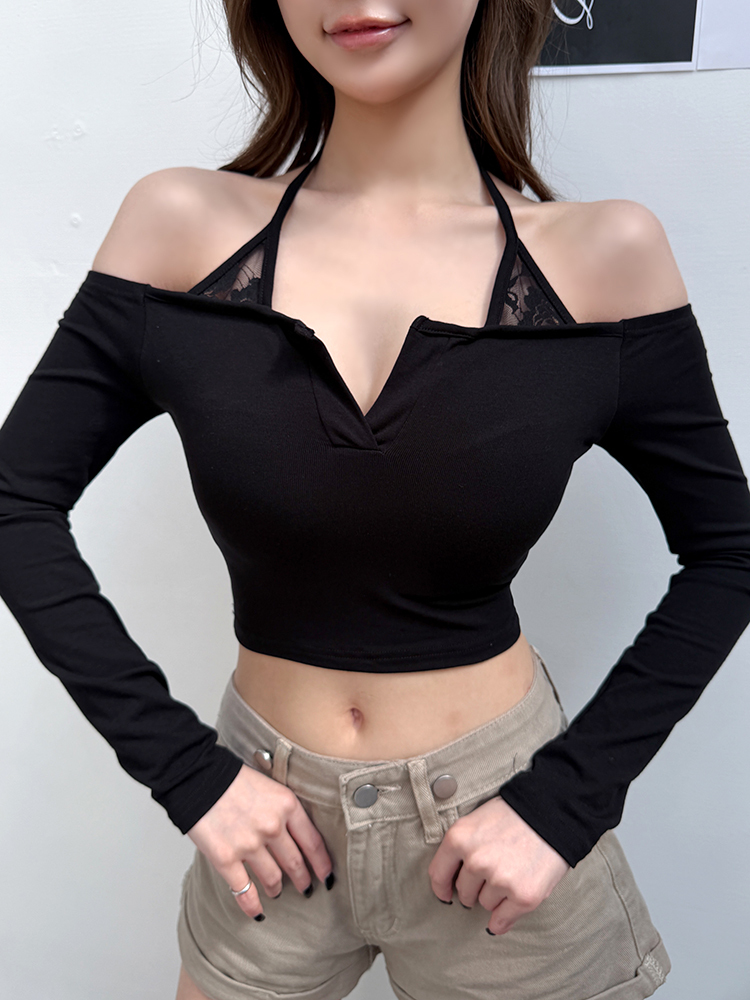 BB蕾絲假兩件ㄧ字領bra T (3色，有胸墊)
