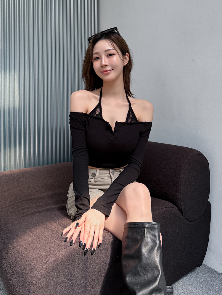 BB蕾絲假兩件ㄧ字領bra T (3色，有胸墊)