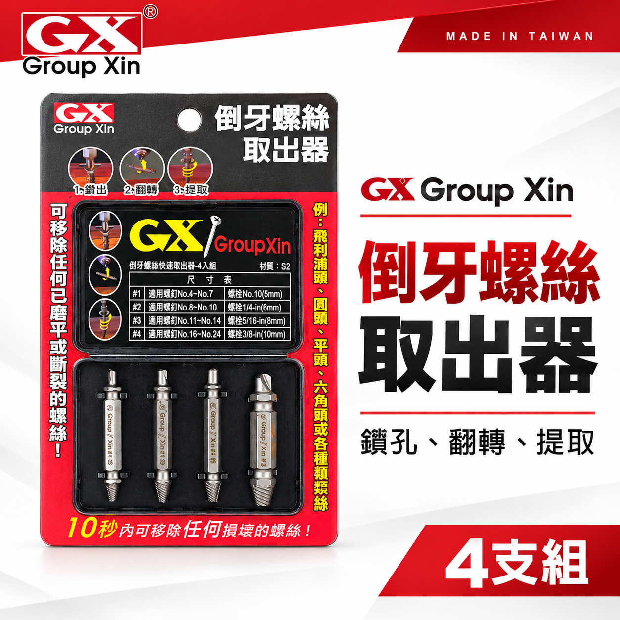 GX  螺絲滑牙 六角柄斷頭螺絲救星｜反牙退崩牙螺絲損壞拆卸器｜鑽孔鑽頭+退牙器4支｜倒牙螺絲取出器 4PCS