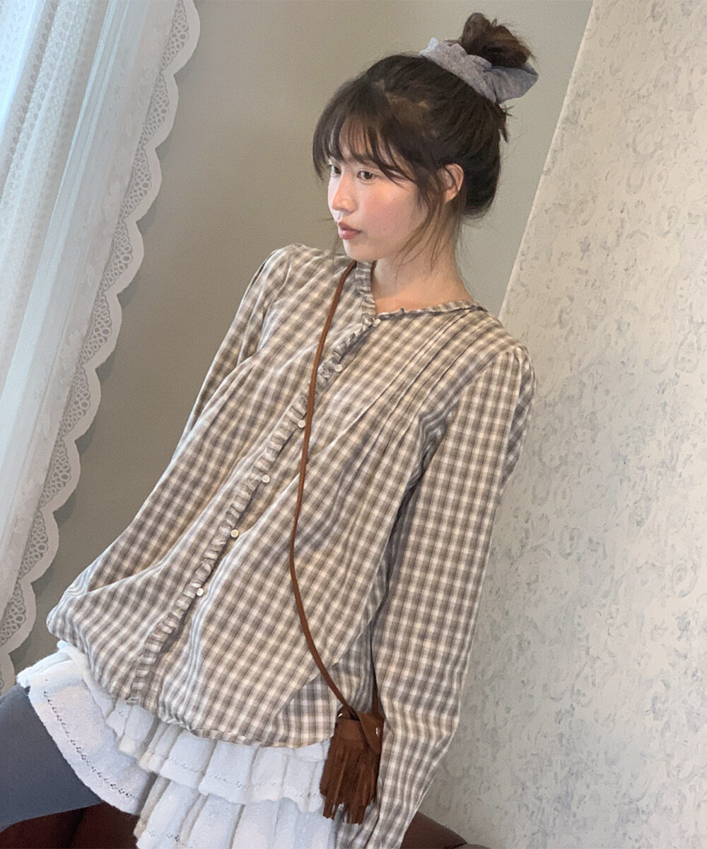 <韓國限時代購> RONRON CHECK RUFFLE PINTUCK BLOUSE