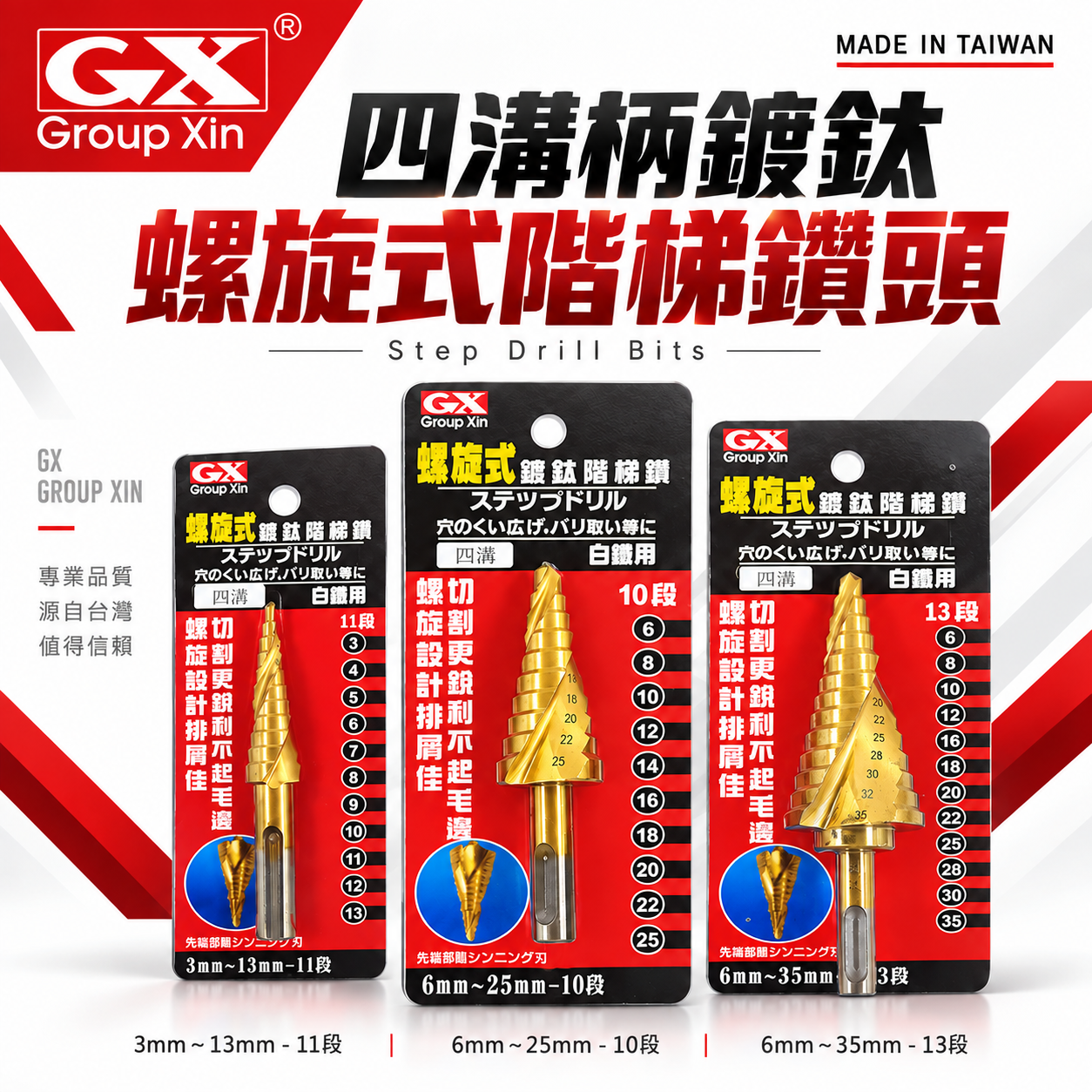 GX 台灣製｜四溝鍍鈦螺旋階梯鑽頭｜HSS 鍍鈦 四溝螺旋｜圓穴鑽 四溝柄螺旋式白鐵用階梯鑽尾 四溝階梯鑽尾